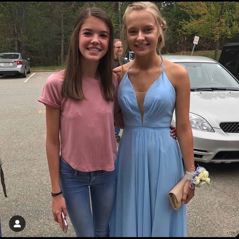 Long sky blue prom dress